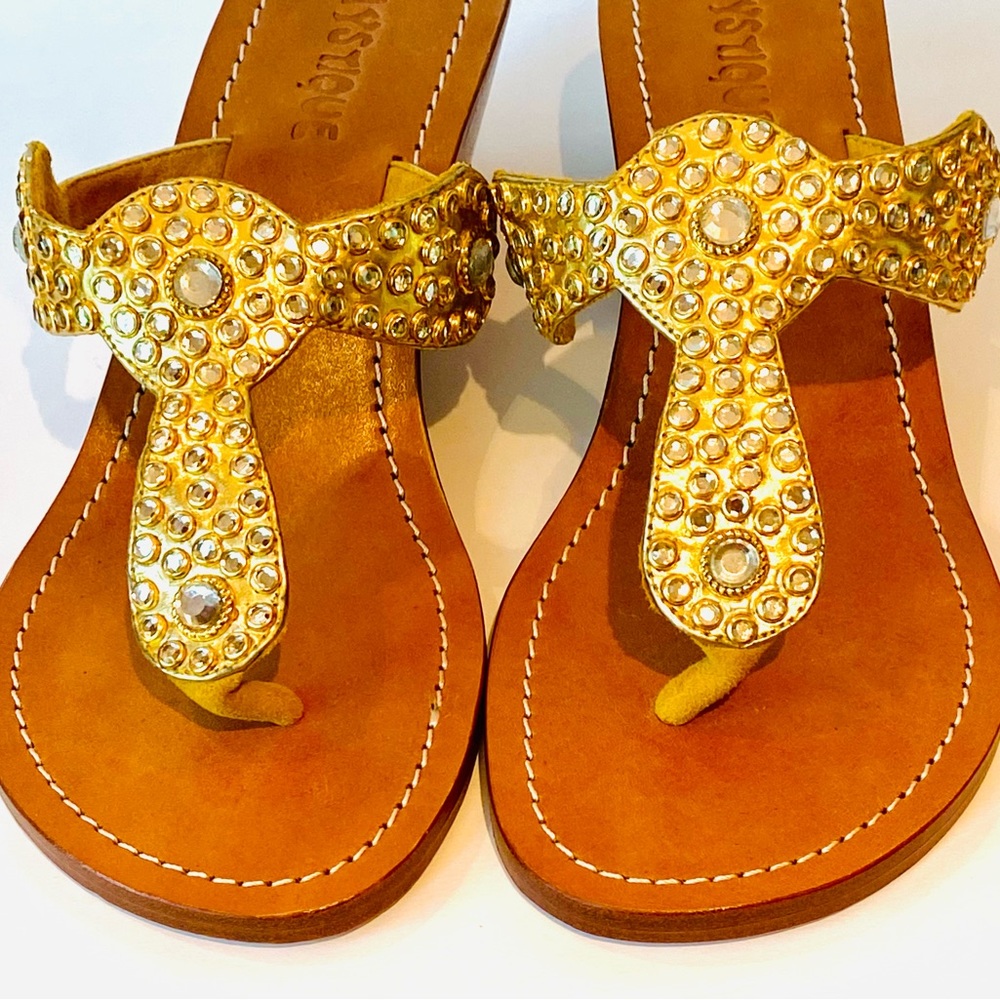Mystique Thong Sandal with 2” Wedge…Gold with Clear Czech Crystals Size 10 NWT